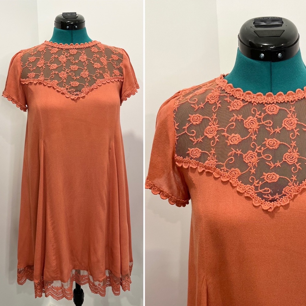 Coral Shift/Tent Dress with Rose Patterned Lace and Contrast Details